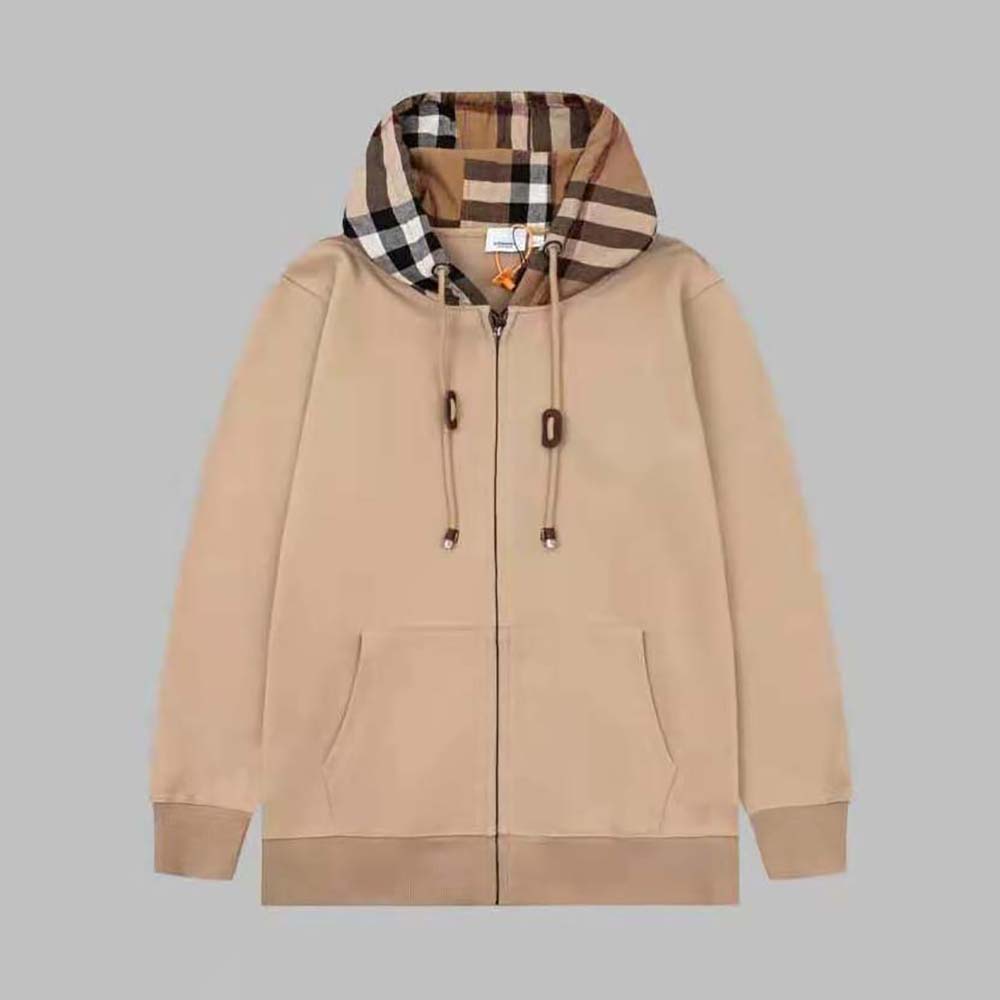 Front view of Burberry Men Check Trim Cotton Zip Hoodie-Beige with zip closed