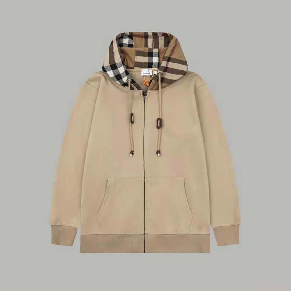 Side angle showing relaxed fit and zipper of Burberry Men Check Trim Cotton Zip Hoodie-Beige