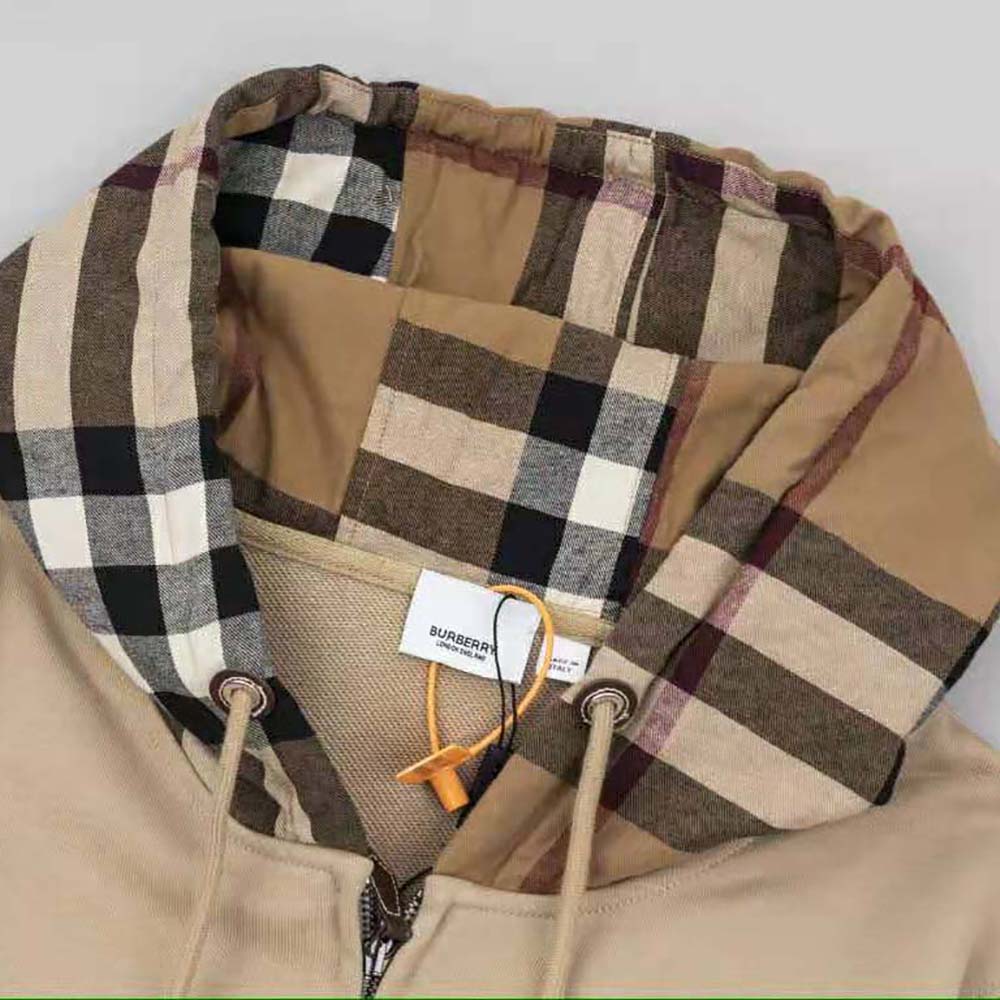 Burberry Men Check Trim Cotton Zip Hoodie-Beige - image 6