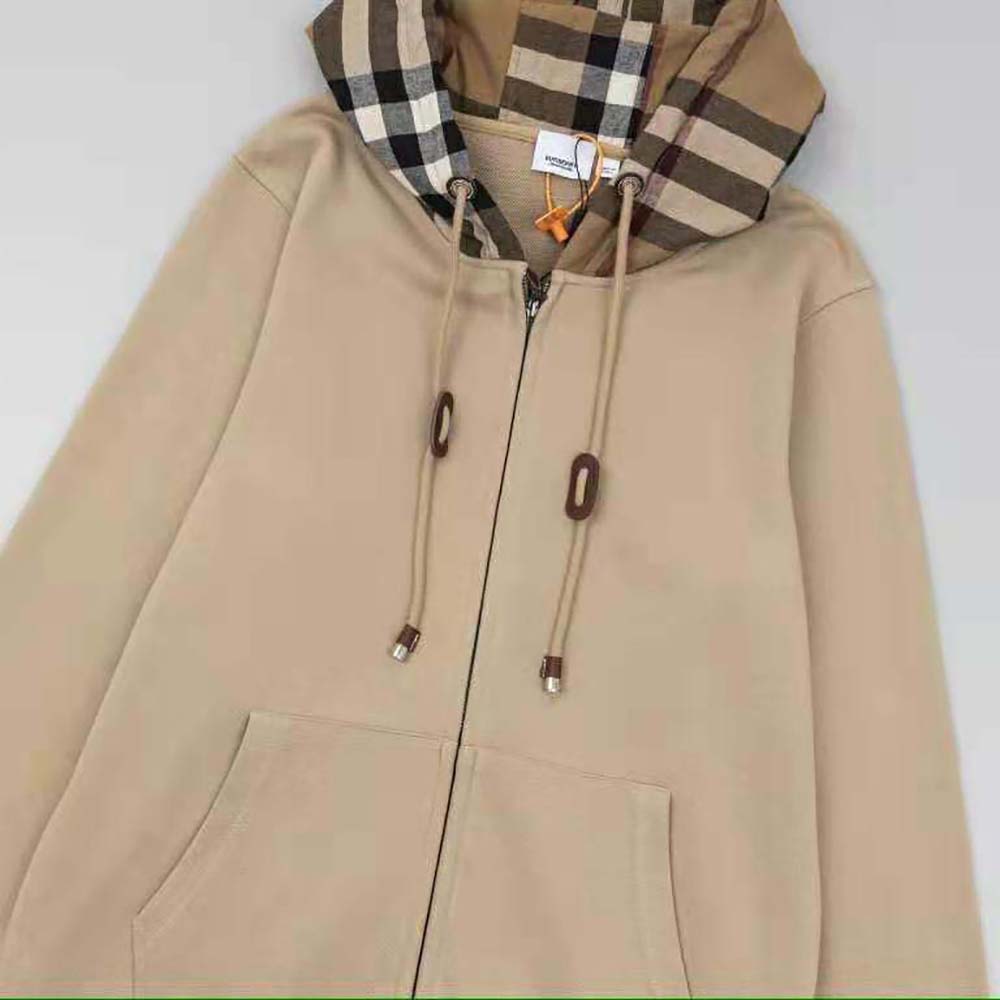 Burberry Men Check Trim Cotton Zip Hoodie-Beige - image 5