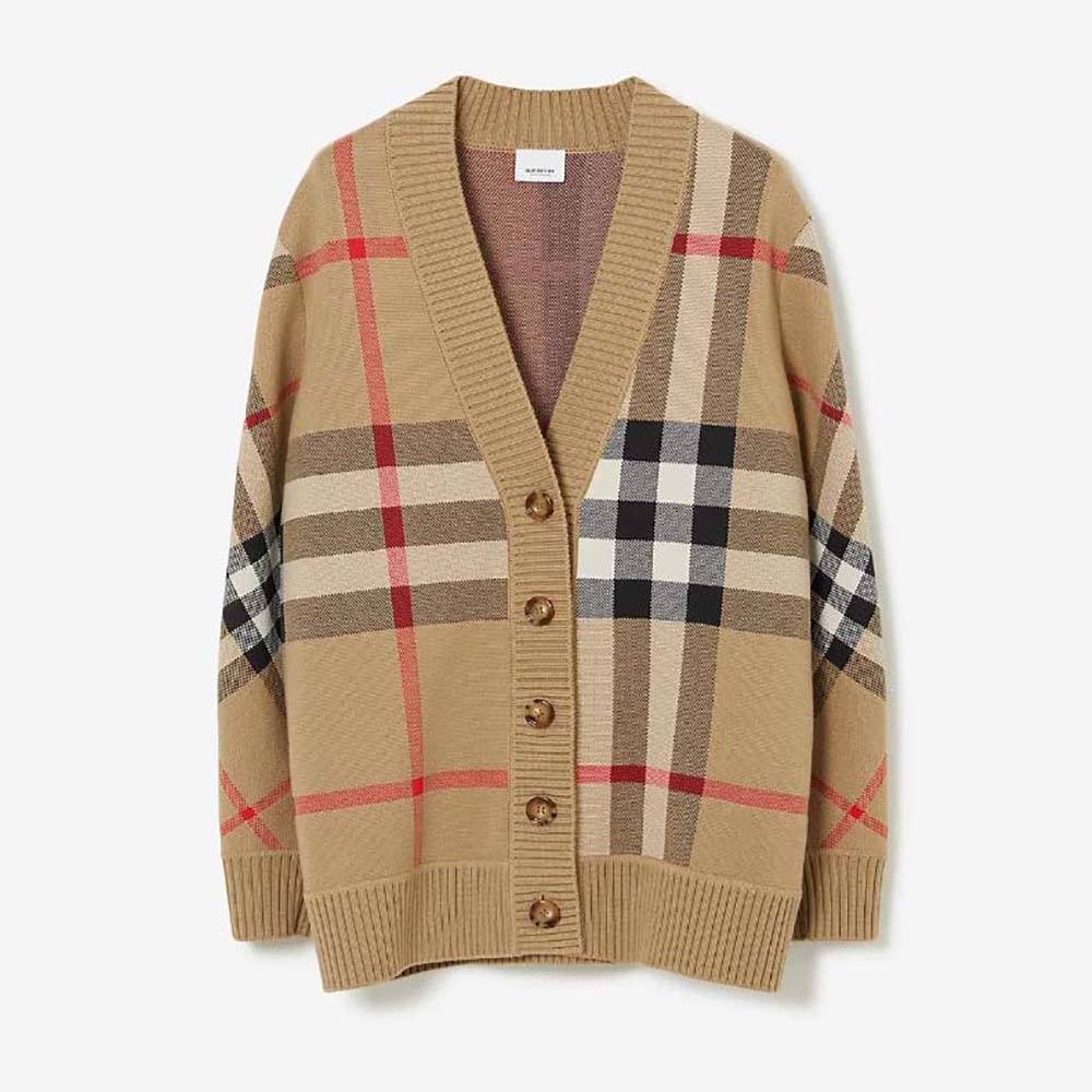 Front view of Burberry Men Check Wool Blend Cardigan in beige