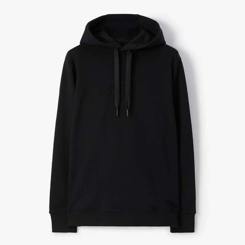 Front view of Burberry Men EKD Cotton Hoodie-Black showing zip closure