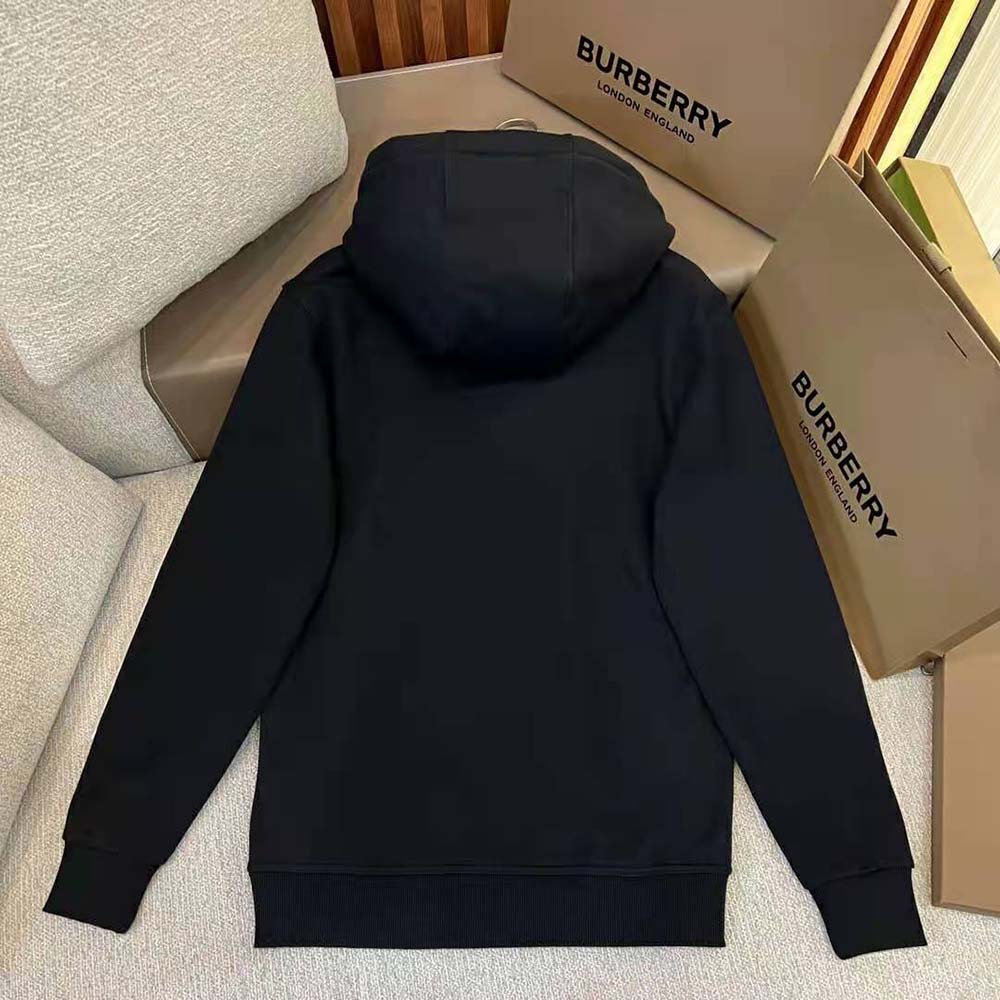 Rear angle of Burberry Men EKD Cotton Hoodie-Black with relaxed fit