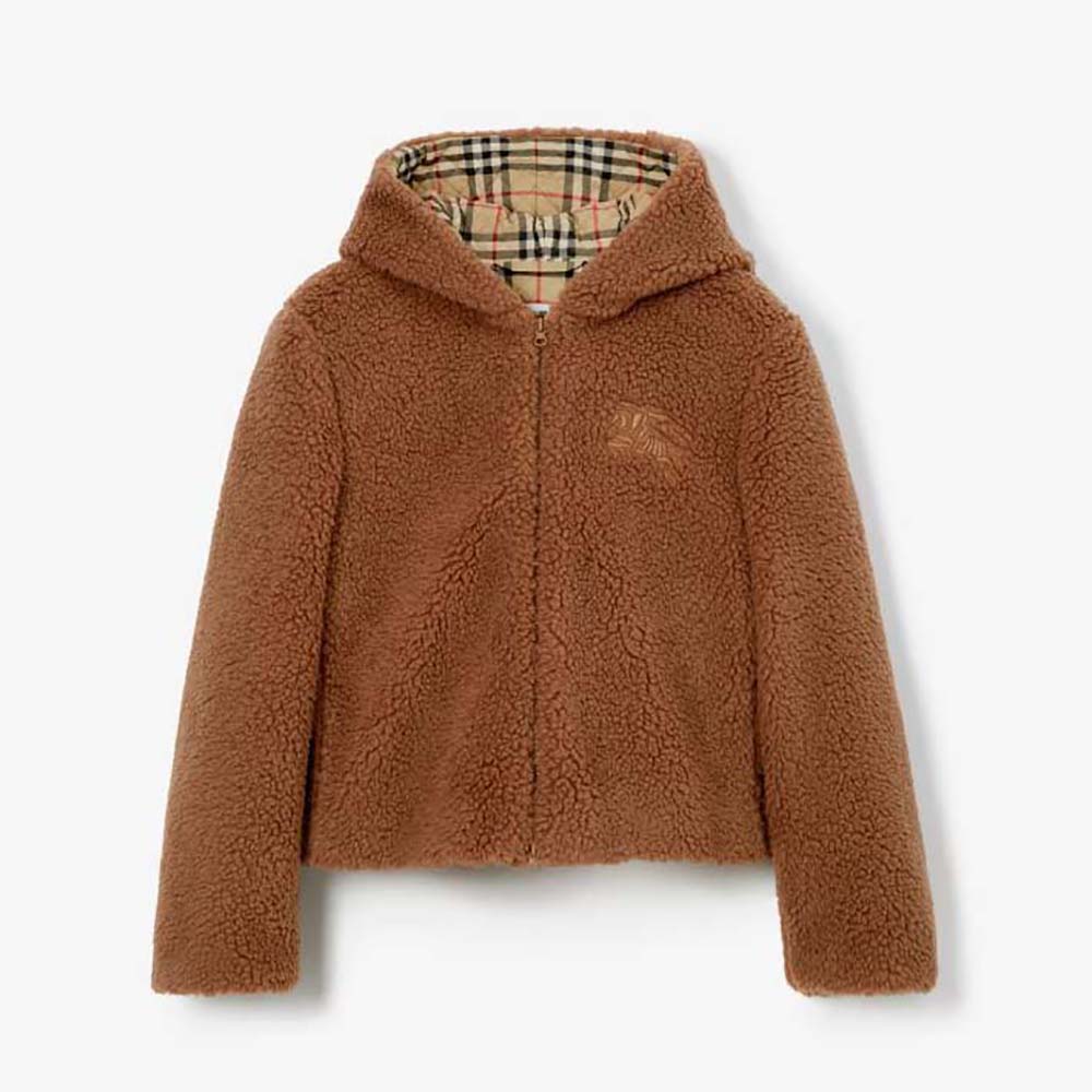 Front view of Burberry Men EKD Fleece Hooded Jacket-Brown with zipped closure