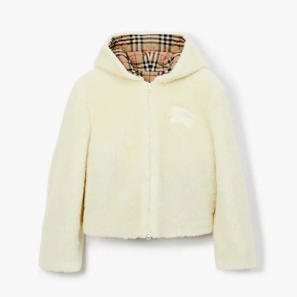 Front view of Burberry Men EKD Fleece Hooded Jacket-White with zip closed