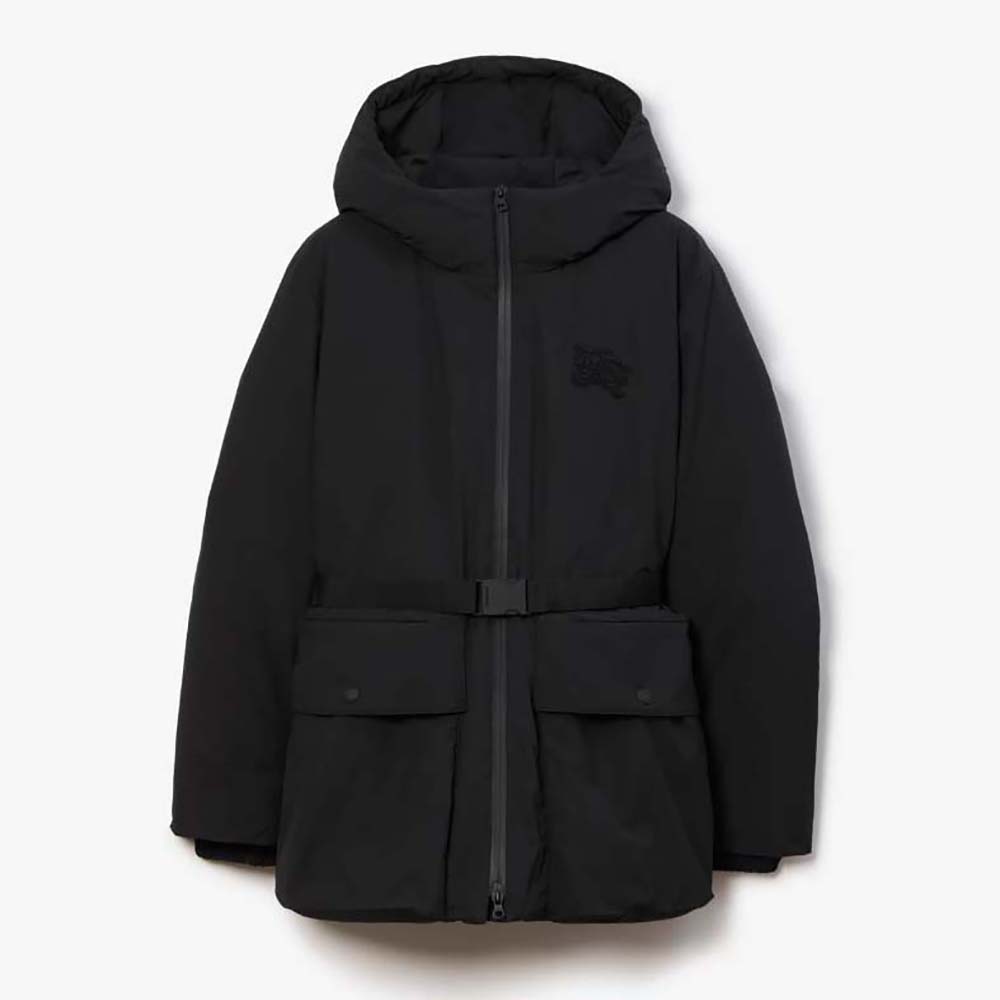 Front view of Burberry Men EKD Hooded Jacket-Black with hood up