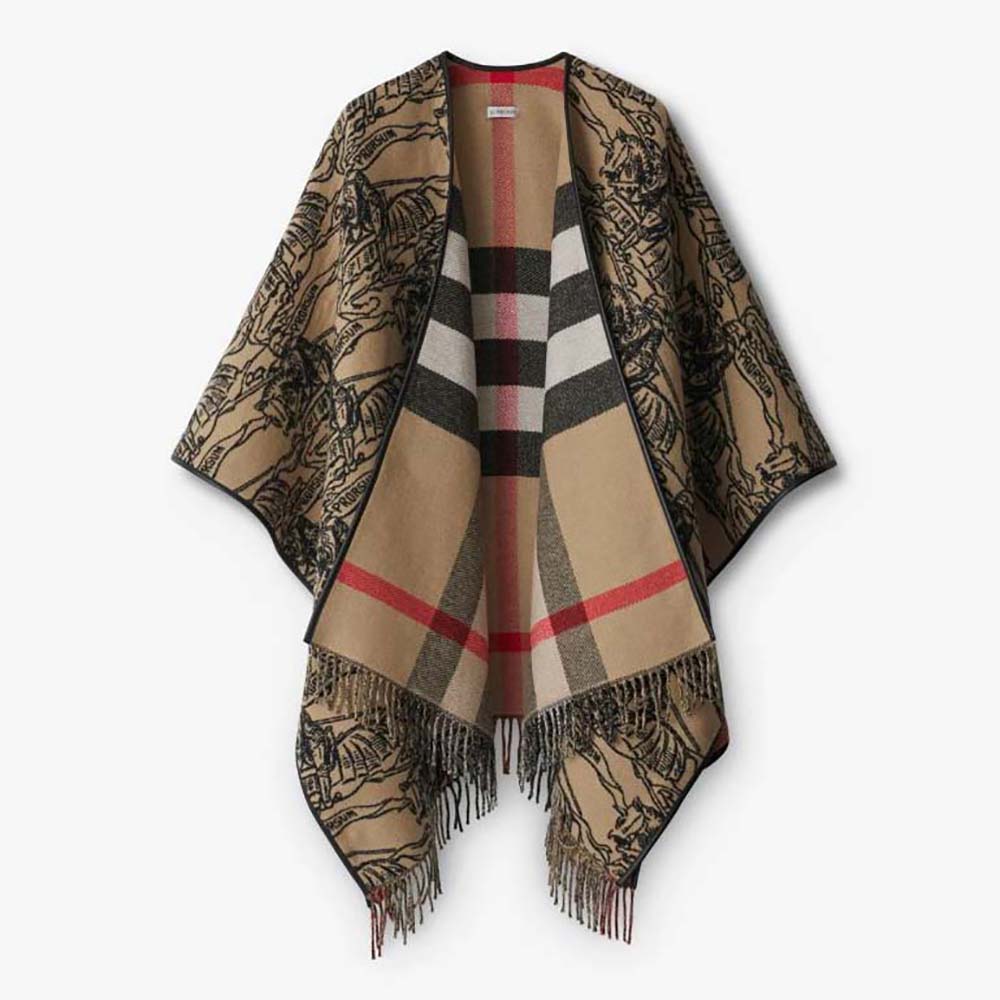 Front view of Burberry Women EKD Wool Cape in brown draped elegantly