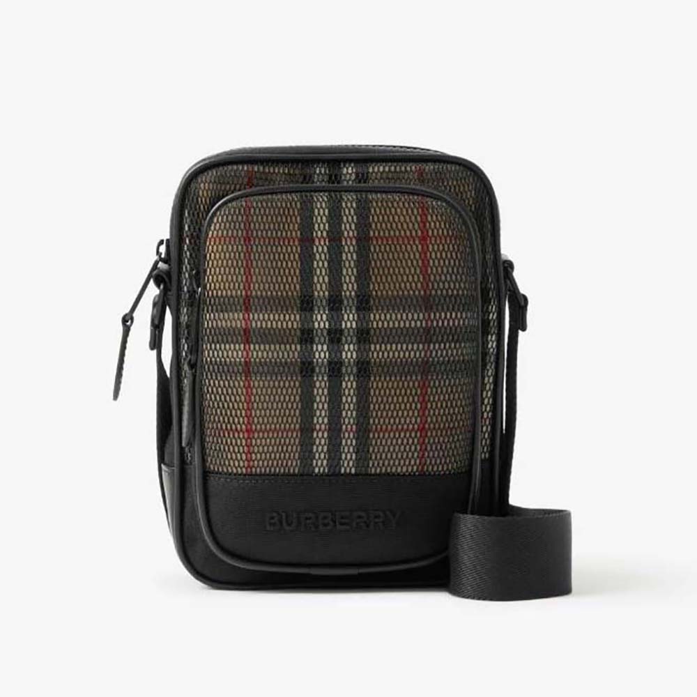 Front view of Burberry Women Freddie Bag in black layered leather and check cotton