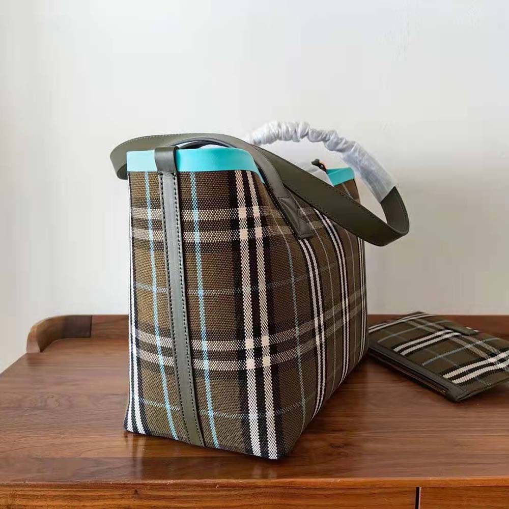 Interior shot of Burberry Women Medium London Tote Bag-Blue with signature check lining