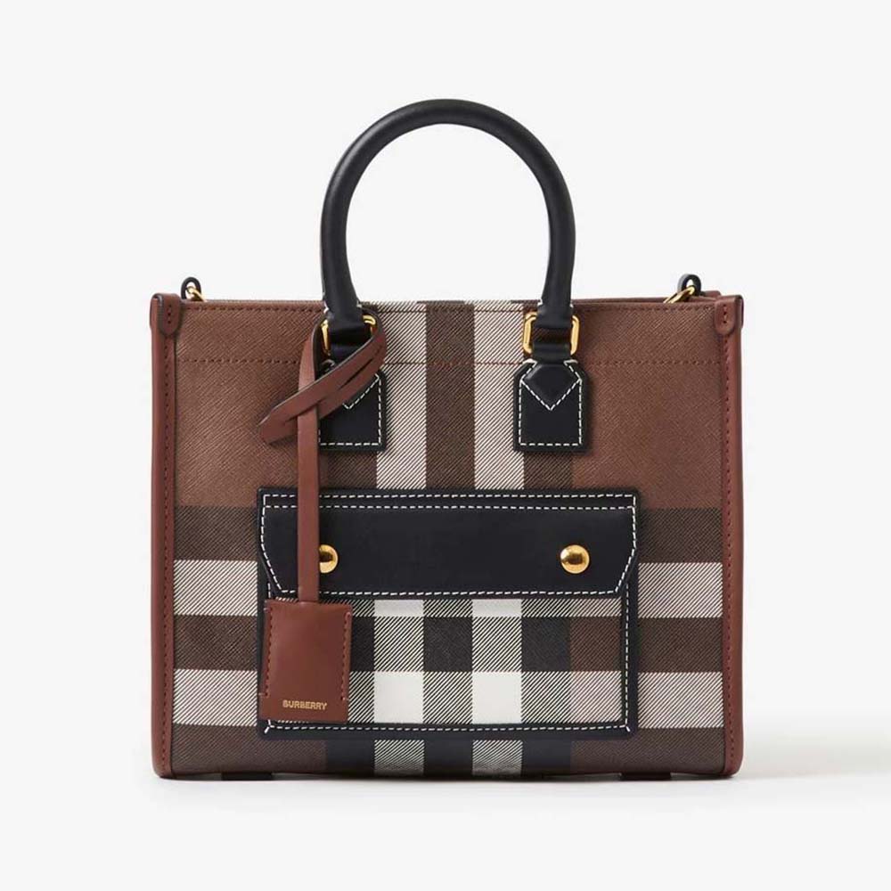 Front view of Burberry Women Mini Freya Tote-Brown with flap closed