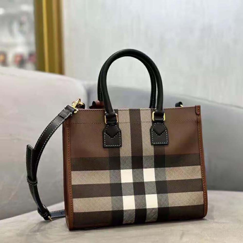 Interior shot showing signature check lining of Burberry Women Mini Freya Tote-Brown