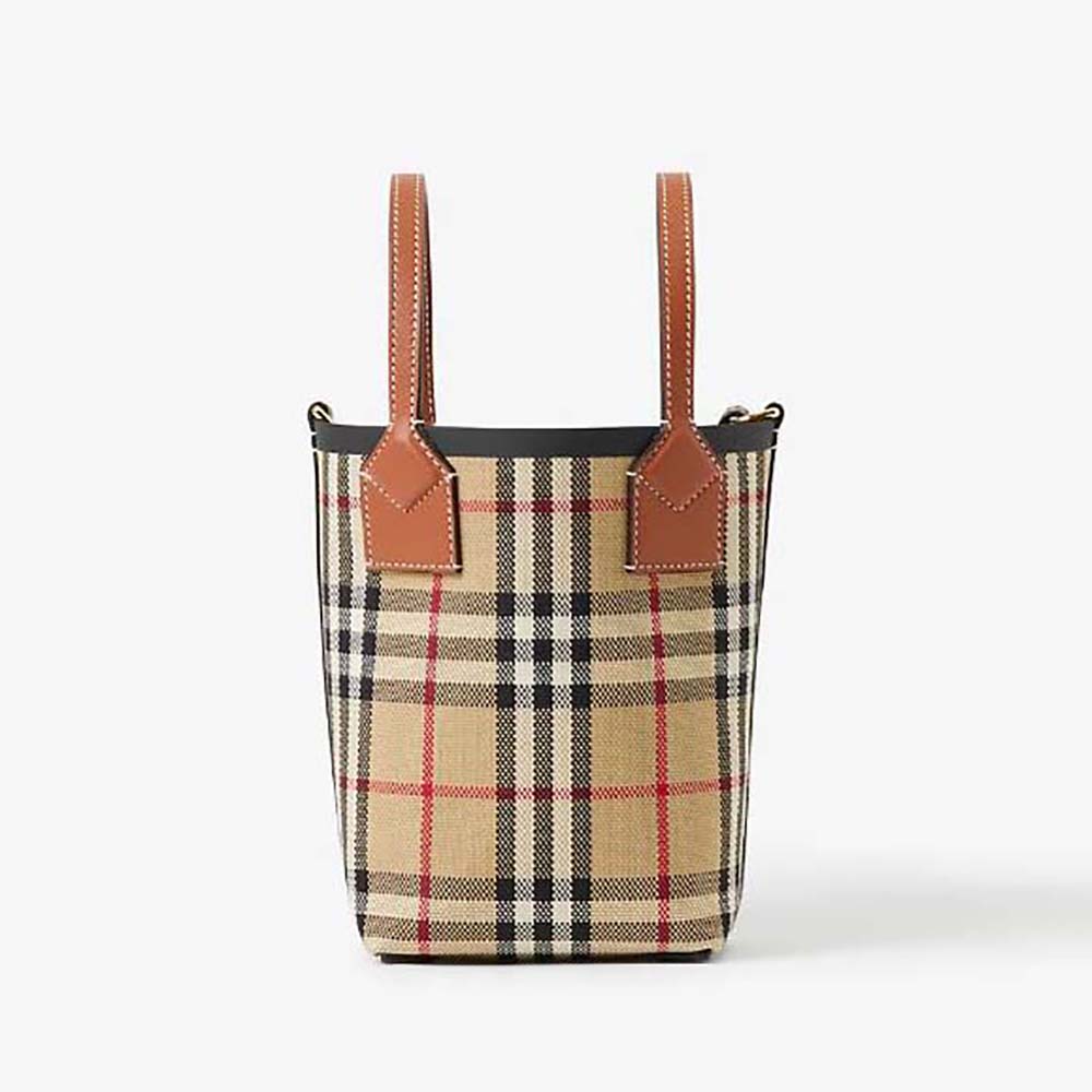 Front view of Burberry Women Mini London Tote Bag-Brown with handles