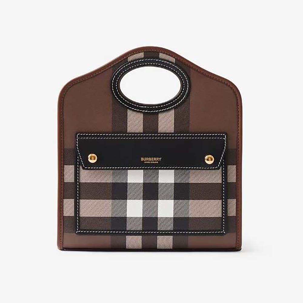 Front view of Burberry Women Mini Pocket Bag-Brown with gold closure