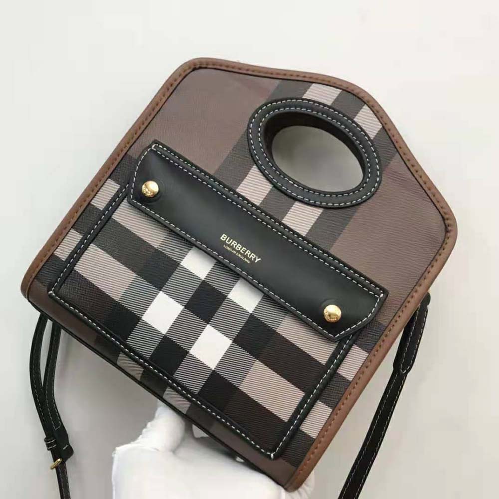 Side profile showing compact silhouette of Burberry Women Mini Pocket Bag-Brown