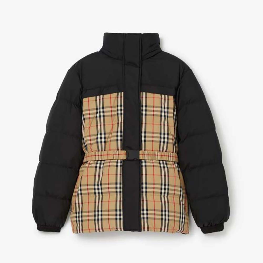 Front view of Burberry Women Reversible Down Puffer Jacket-Black with zipped closure