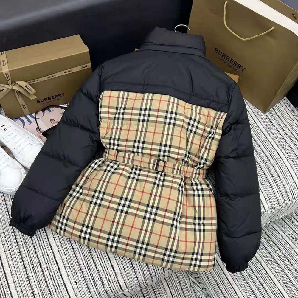Side angle showing silhouette of Burberry Women Reversible Down Puffer Jacket-Black
