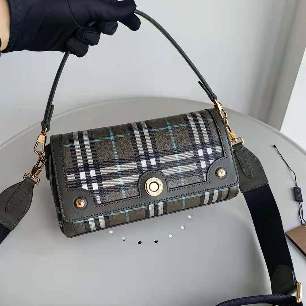 Interior view of Burberry Women Top Handle Note Bag-Green featuring signature check lining