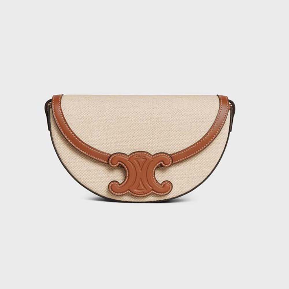 Front view of Celine Women Besace Cuir Triomphe in beige canvas and leather