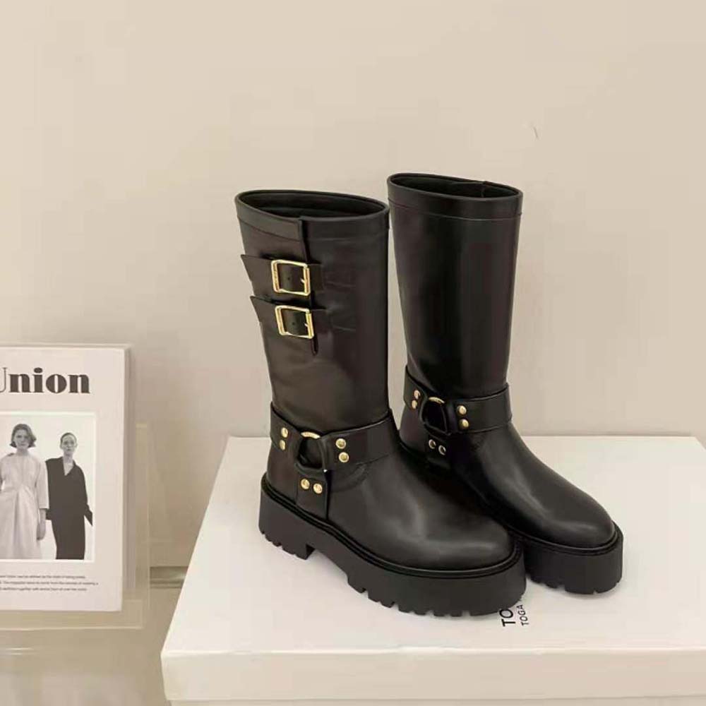 Celine Women Bulky Mid Biker Boot with Harness in Calfskin – Vegetal Tanning-Black - image 4