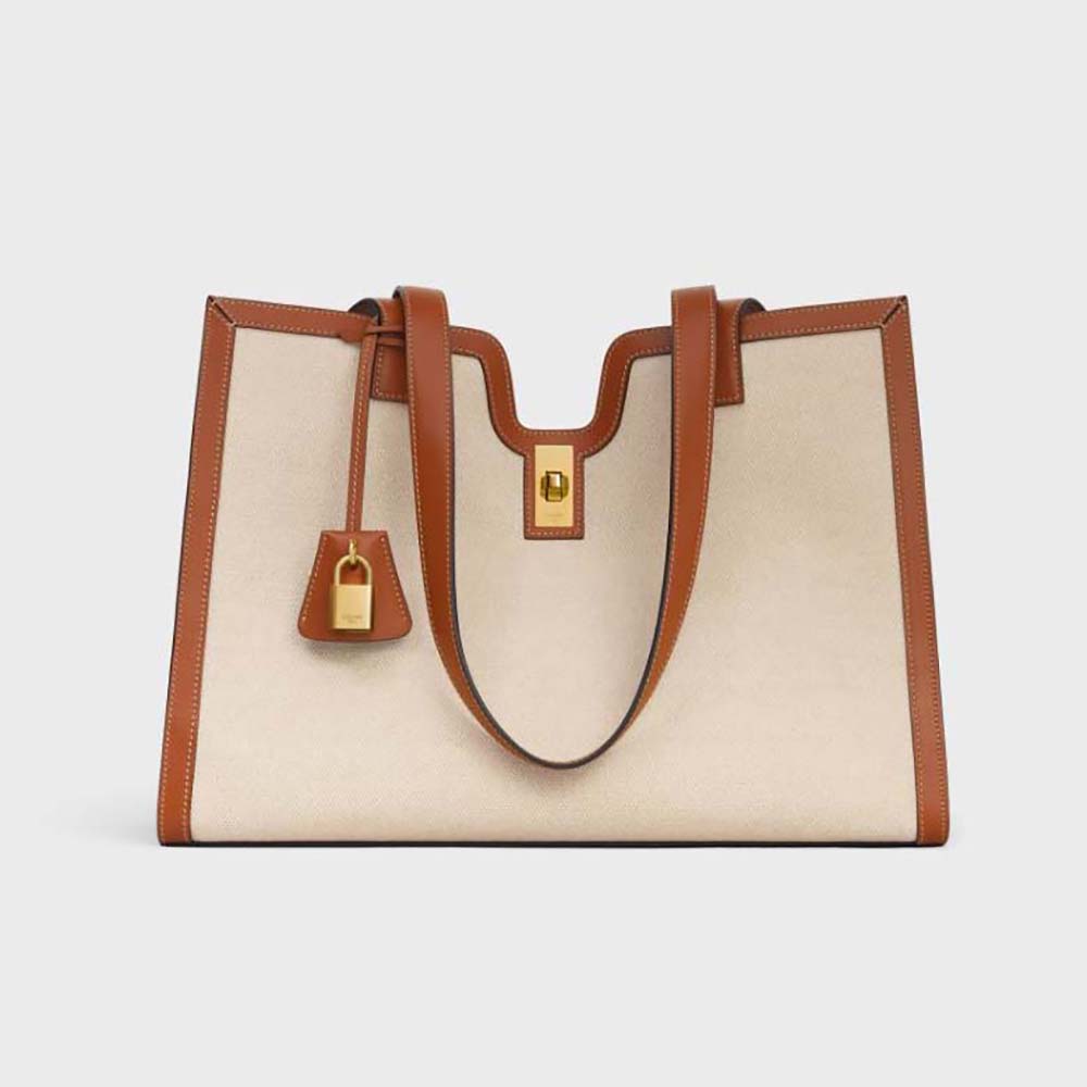 Front view of Celine Women Cabas 16 in Textile and Calfskin-Beige