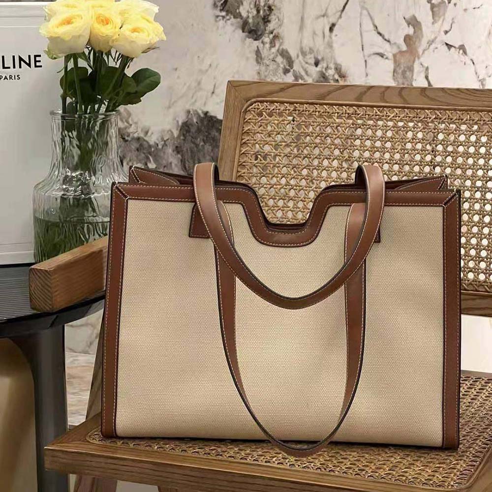 Close-up of gold hardware and beige calfskin detail on Celine bag