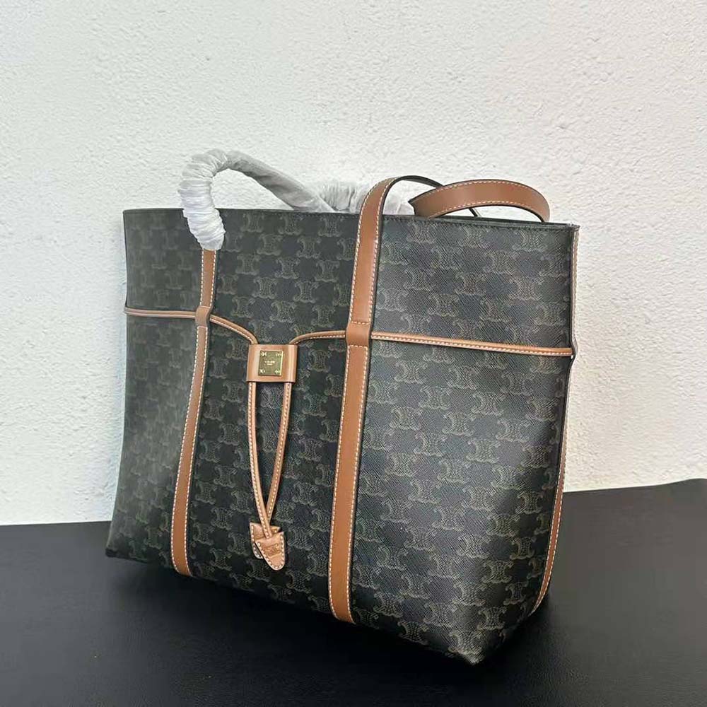 Celine Women Cabas Drawstring in Triomphe Canvas and Calfskin-Brown - image 4