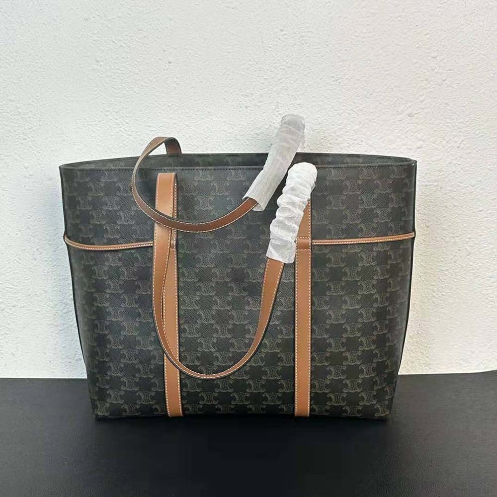 Celine Women Cabas Drawstring in Triomphe Canvas and Calfskin-Brown - image 5