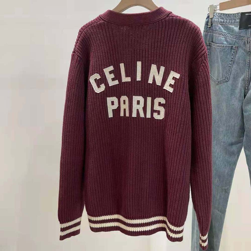 Side profile showcasing fit of Celine Men College Cardigan in maroon