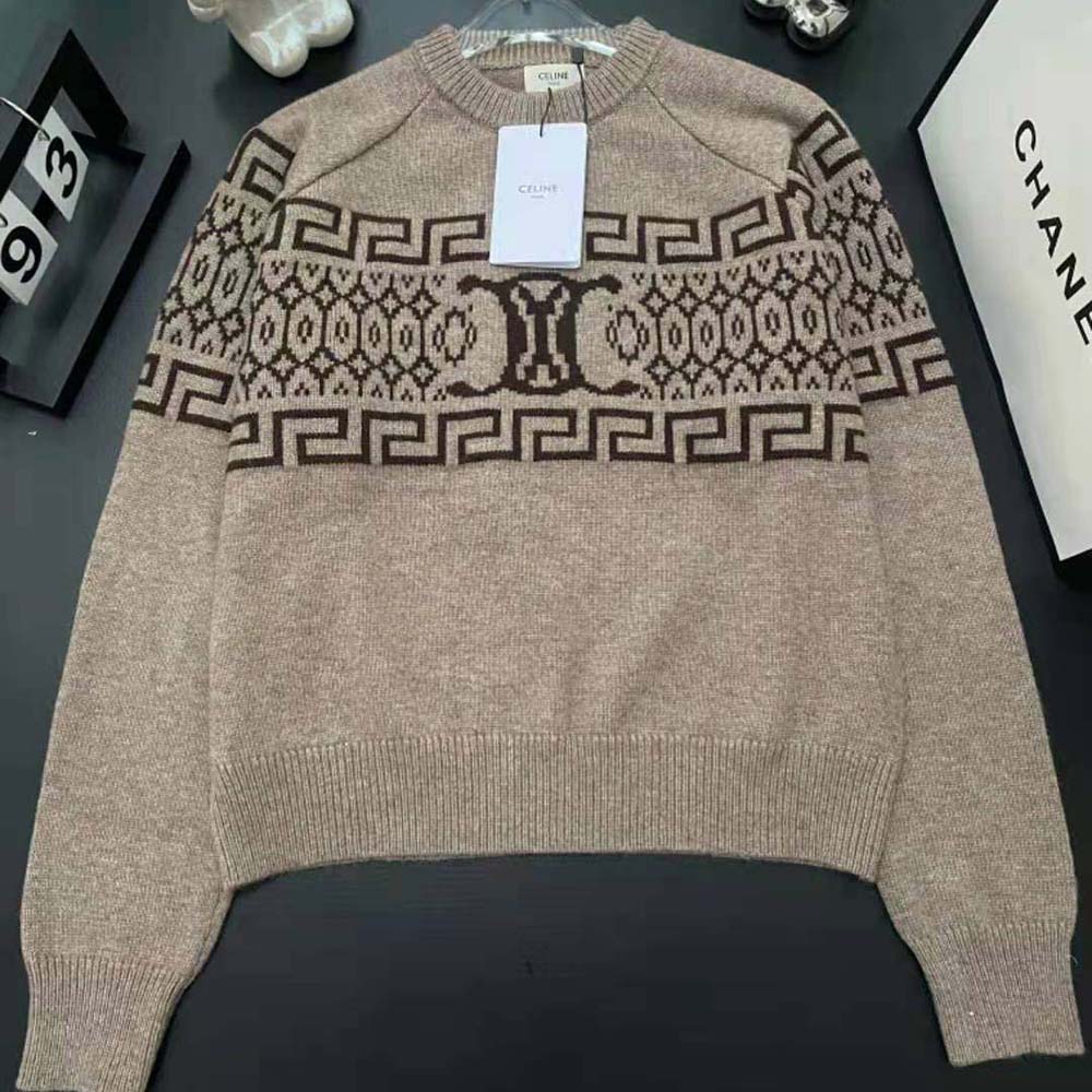 Close-up detail of Triomphe Fair Isle pattern on Celine sweater