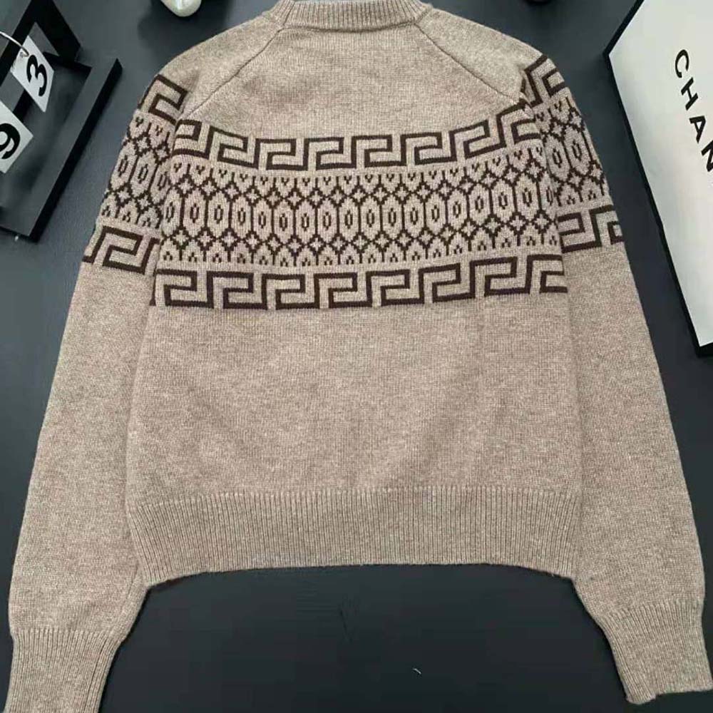 Side angle showing fit of Celine Men Crew Neck Sweater in brown wool