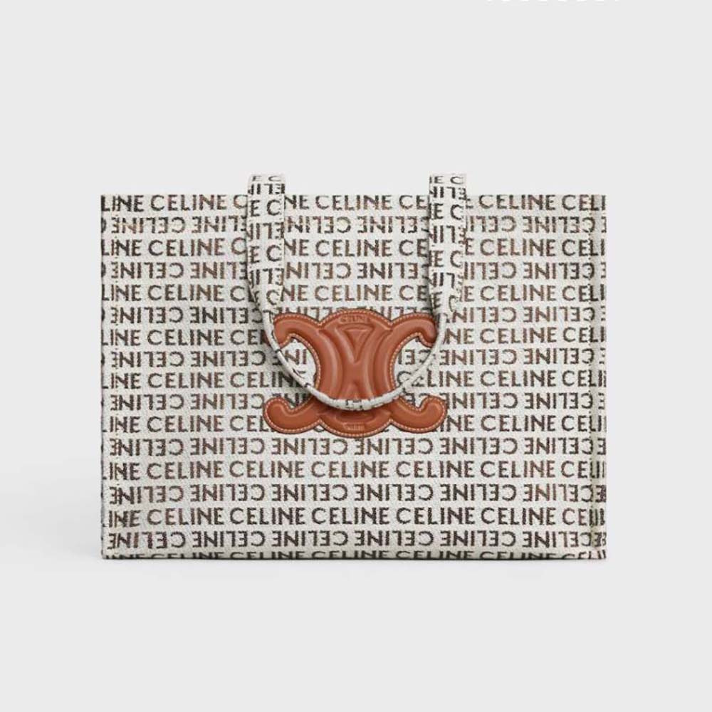 Front view of Celine Women Large Cabas Thais in brown textile