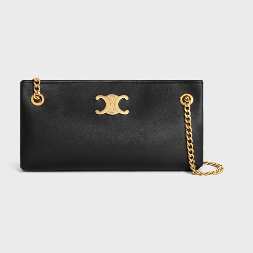 Front view of Celine Women Medium Newspaper Bag in black calfskin