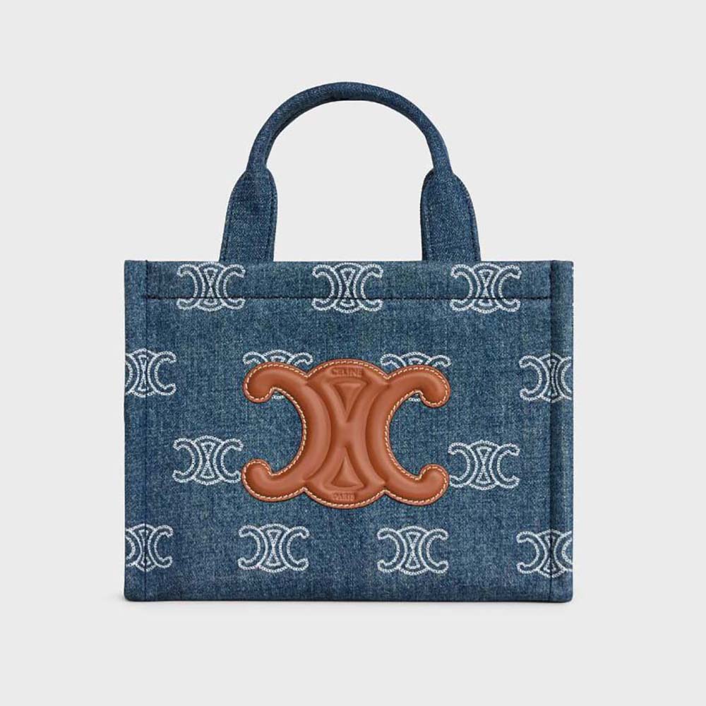 Front view of Celine Women Small Cabas Thais in Denim with embroidery