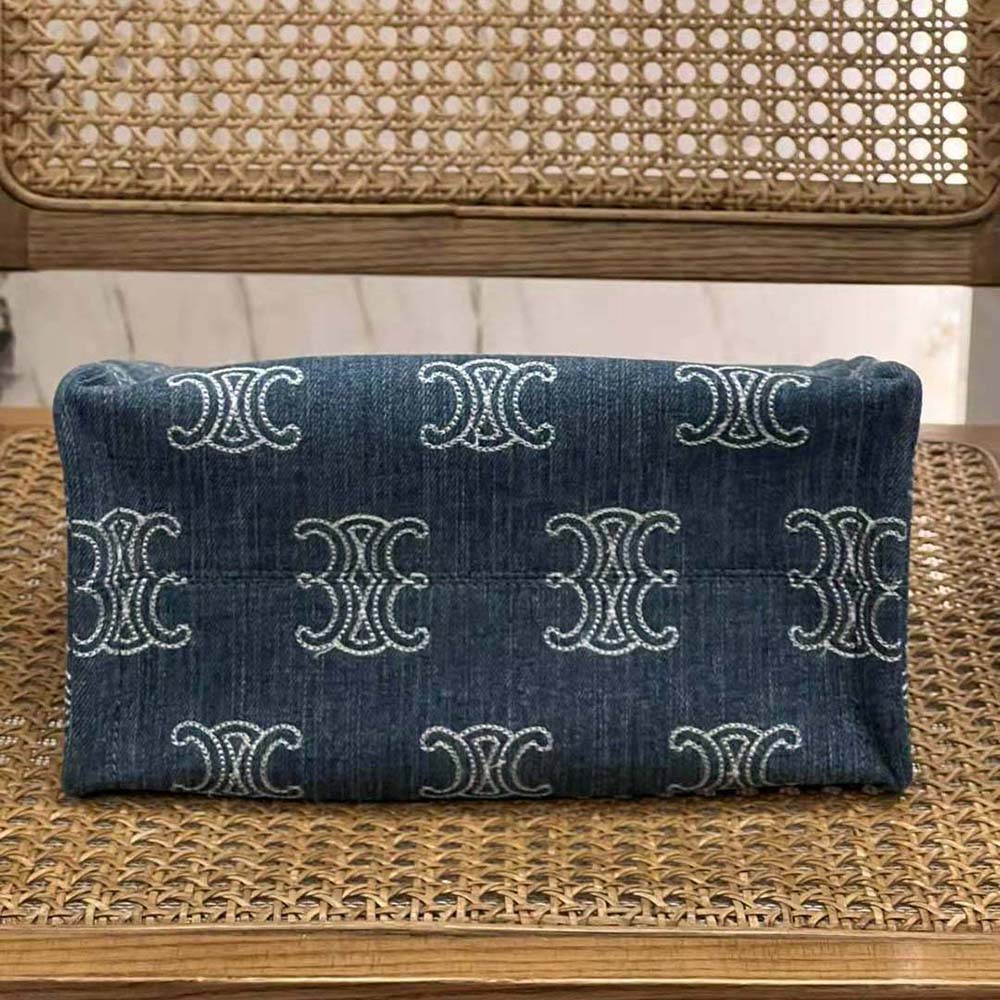 Celine Women Small Cabas Thais in Denim with Triomphe all-over Embroidery and Calfskin - image 5