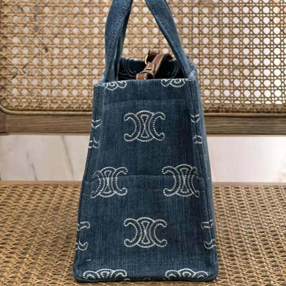 Celine Women Small Cabas Thais in Denim with Triomphe all-over Embroidery and Calfskin - image 4