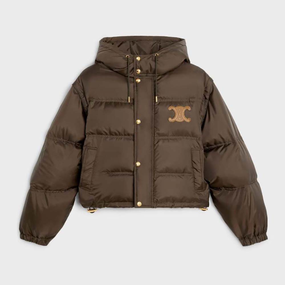 Front view of Celine Men Triomphe Cropped Down Jacket in brown nylon