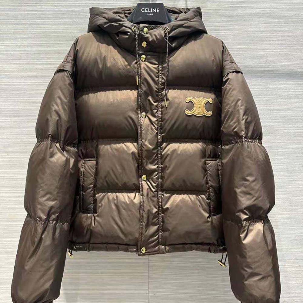 Close-up of signature Triomphe hardware on Celine Men Triomphe Cropped Down Jacket
