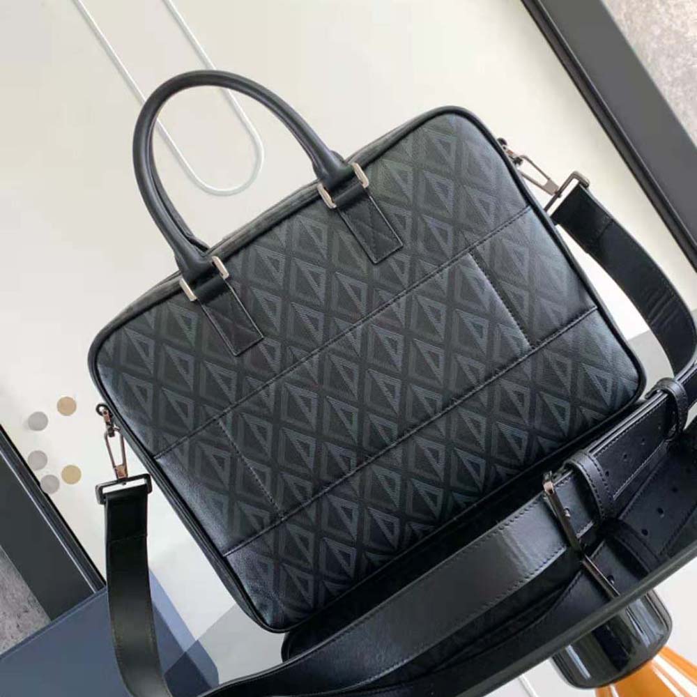 Side angle showing structured silhouette of Dior Men briefcase