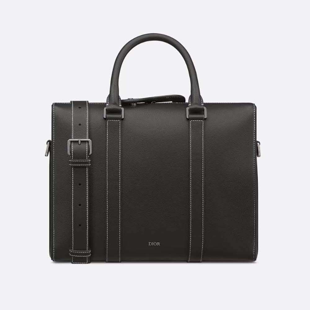 Front view of Dior Men Lingot Briefcase Black Grained Calfskin with silver hardware
