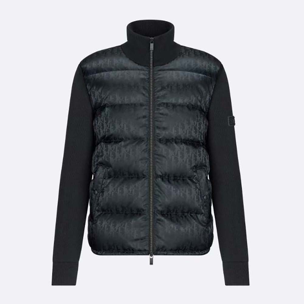 Front view of Dior Men Oblique Jacket Black Wool Knit zipped up