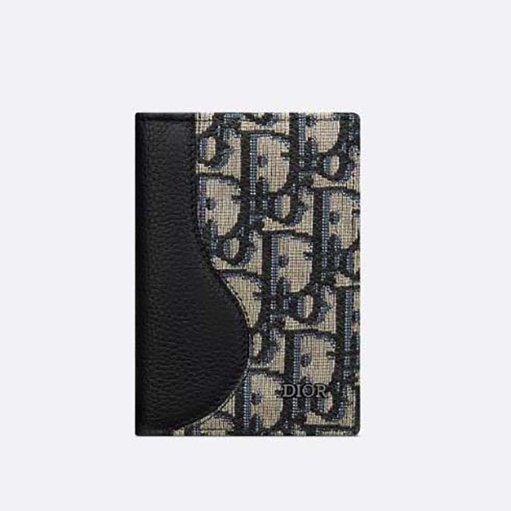 Front angle of Dior Men Saddle Bi-fold Card Holder Blue Grained Calfskin Leather Marquetry