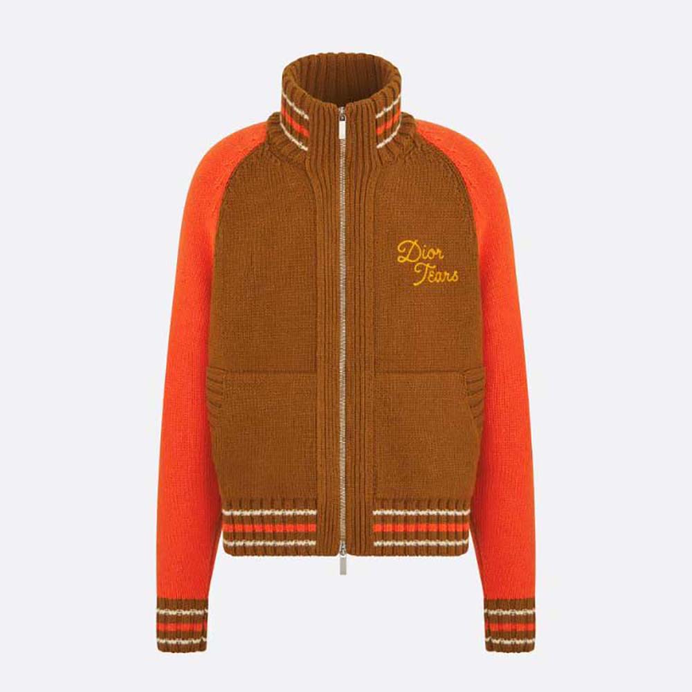 Front view of Dior Men Tears Zipped Blouson Brown and Red Wool and Cashmere Jersey