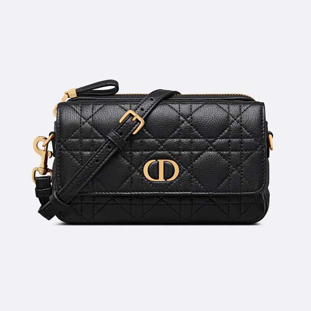 Front view of Dior Women Caro Pouch Black Supple Cannage Calfskin