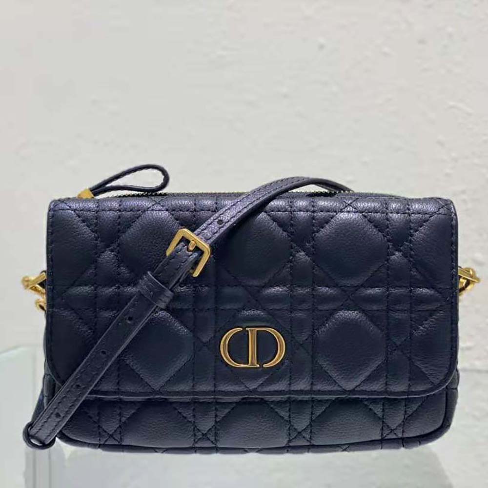 Side profile showing silver-tone hardware on Dior Women Caro Pouch