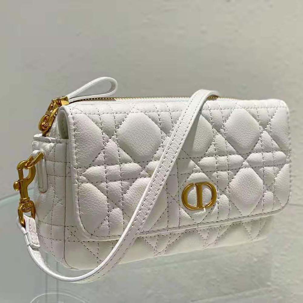 Side angle showing silver closure on Dior Women Caro Pouch