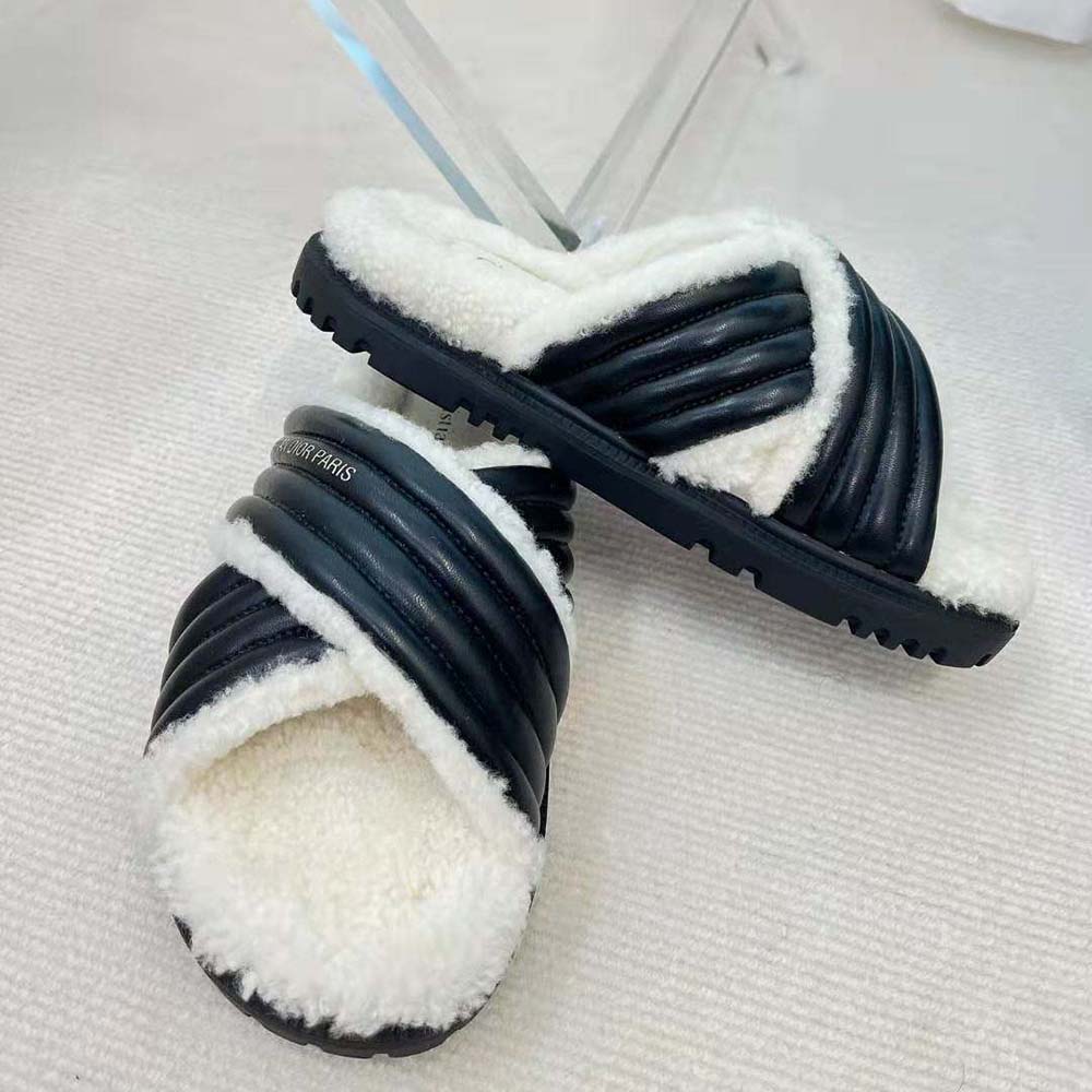 Dior Women D-Cross Slide Black Lambskin and White Shearling - image 5