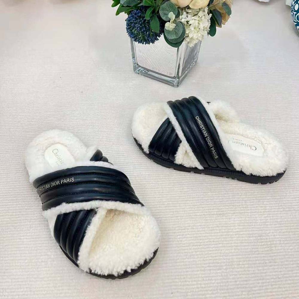 Top angle showing black lambskin and open toe of Dior Women D-Cross Slide