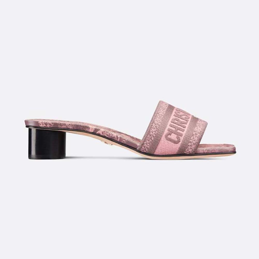 Side view of Dior Women Dway heeled Slide with pink embroidery