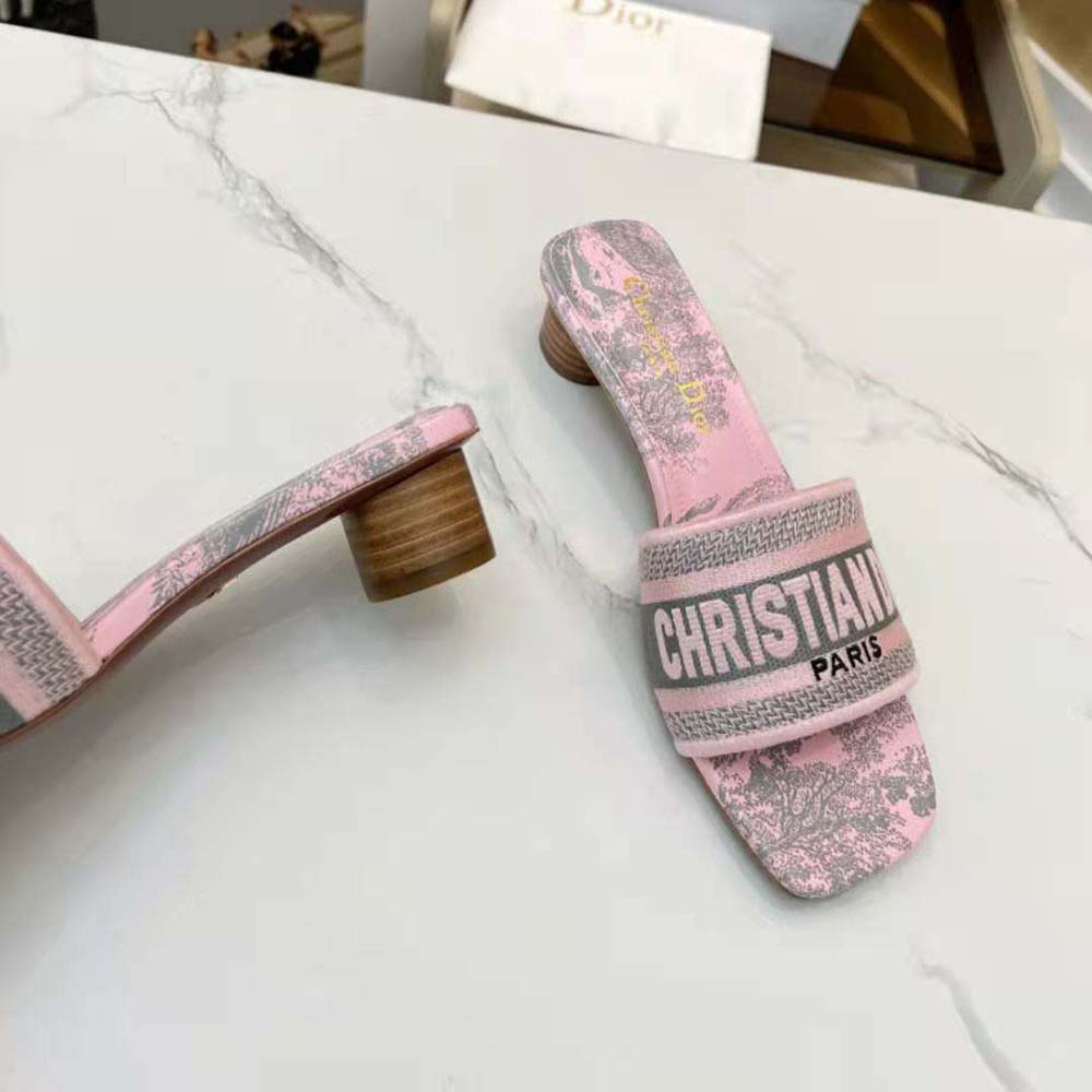 Dior Women Dway heeled Slide Gray and Pink Embroidered Cotton with Toile de Jouy Reverse Motif - image 7