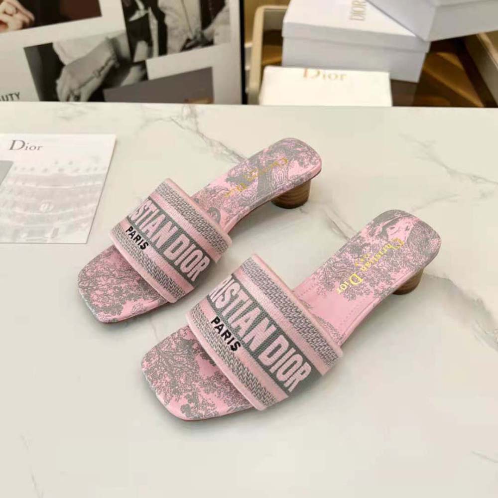 Top-down angle showing gray and pink embroidered cotton on Dior Women Dway